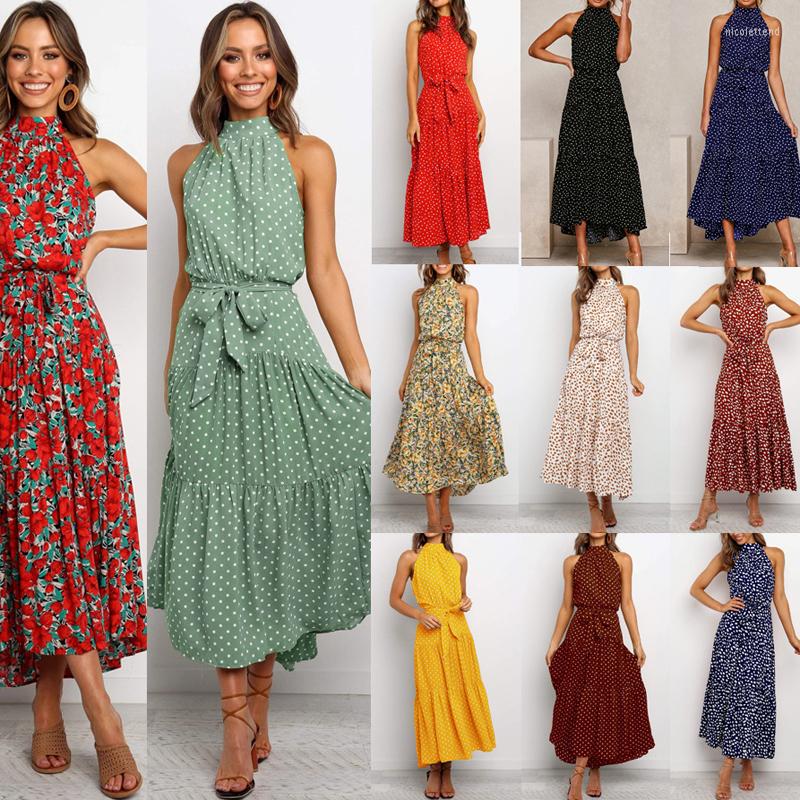 

Casual Dresses 2022 Summer Halter Neck Dot Print Lace For Women Long Dress Polka Black Sexy Strapless