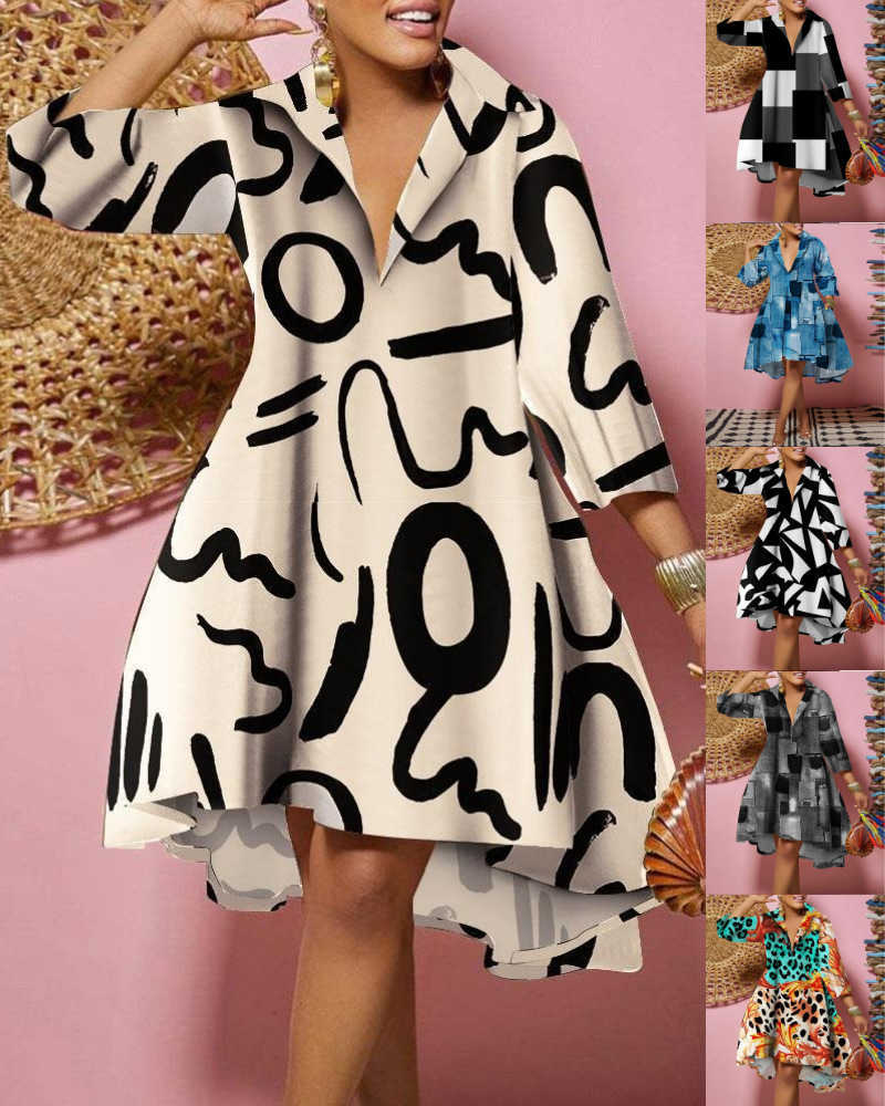 

Autumn And Winter Casual Dresses Womens Long Sleeve V-neck Commuter Dress, Grey printing