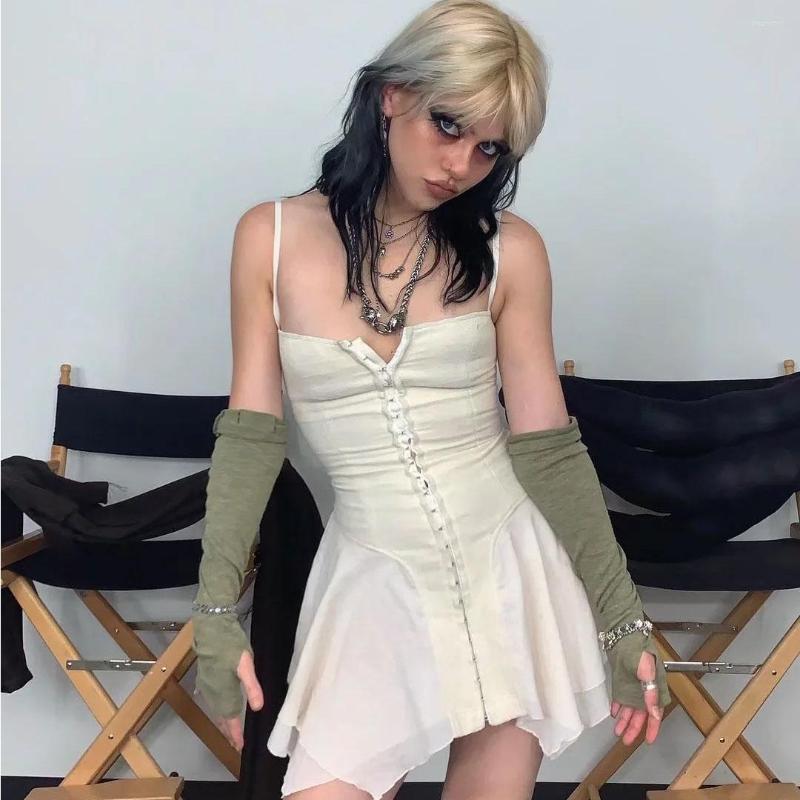 

Casual Dresses 2022 Y2K Fairy Grunge Front Hook Closures White Cami Dress 90s E-girl Aesthetics Cute Irregular Hem Backless Mini, Black