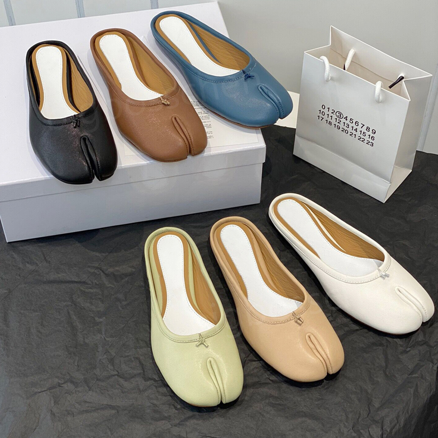 

slippers ladies sandals Margiela designer fashion leather low top round head split toe flat bottom one stirrup outdoor home leisure walking hotel half slippers, Black