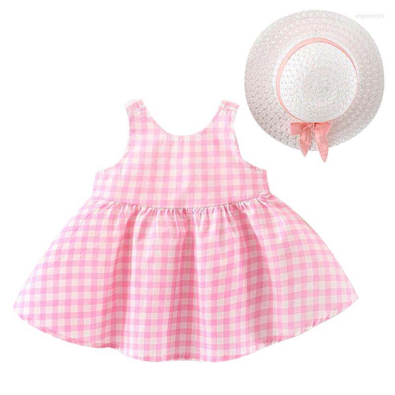 

Girl Dresses 2Piece Summer Born Baby Princess Dress For Girls Boutique Outfits Korean Fashion Plaid Cute Bow Toddler Hats BC007-1
