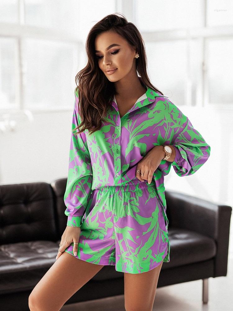 

Women' Tracksuits Print Shorts Suits Woman Vintage Long Sleeve Shirt And Short Pants Suit Two Piece Set Female Casual Outfit Loose Pocket, White