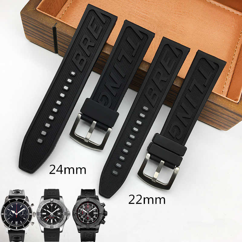 

Watch Bands MERJUST Luxury Brand Silicone Rubber thick Watchband 22mm 24mm Black Watch Strap For navitimer avenger Breitling Pin buckle T221213