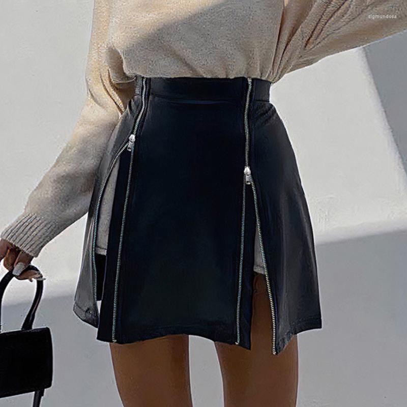 

Skirts Elegant Faux Pu Leather Zipper Black Skirt Fall Outfits Women Streetwear A-Line Hight Waist Party Club Mini Wholesale