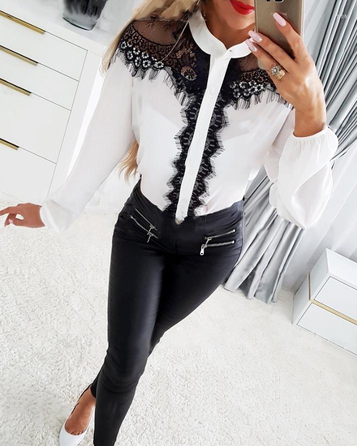 

Women' Polos Autumn Women' Shirt Eyelash Lace Patch Button Long Sleeve Top Round Neck Office Commuter T-Shirt Chiffon Shirts