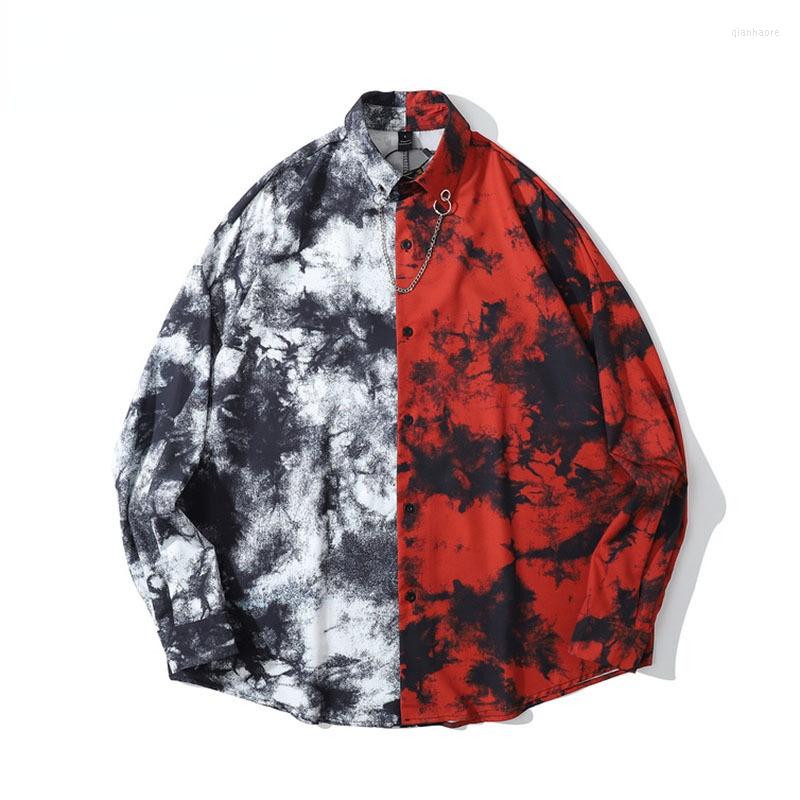 

Men's Casual Shirts 2022 Autumn Men's European And American High Street Niche Design Necklace Tie-dye Stitching Long-sleeved Loose Shirt, Blue