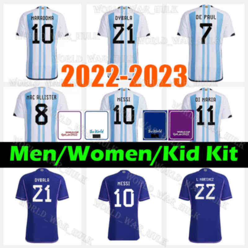 

2022 2023 Argentina Soccer Jerseys 22 23 10 MESSIS MAC ALLISTER TAGLIAFICO DYBALA DI MARIA MARTINEZ DE PAUL MARADONA Argentinas child kid kit Men women football shirt, Men 2022 jersey(a gen ting)+patch