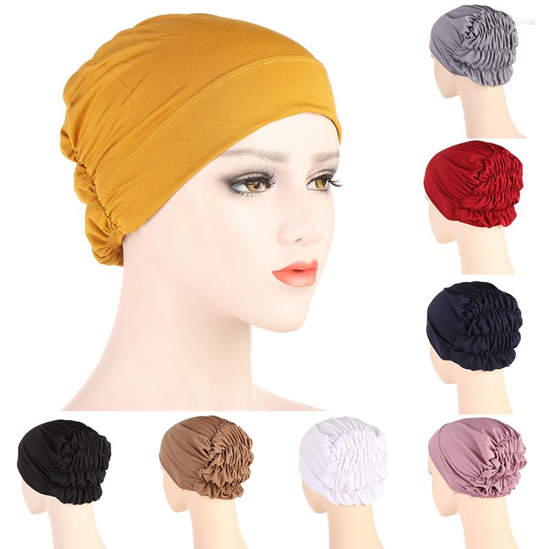 

Ethnic Clothing Elastic Muslim Hat Western Style Pullover Simplicity Solid Color Hats Pleated Headscarf Turbante Women Jersey Hijab Caps