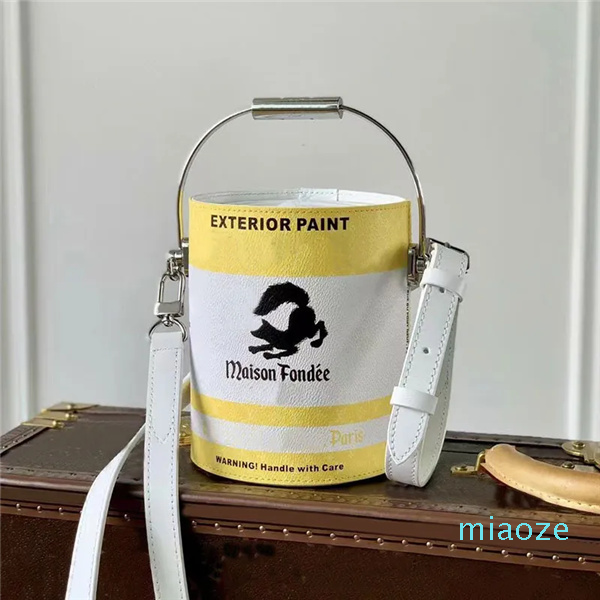 

5A Bucket Bags Paint Can Women Designer Handbags Fashion Letters Leather Soft Drawstring Men Sports Cover Metal Handle Sports Style Removable Shoulder Strap, Blue