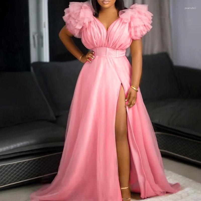 

Casual Dresses Cute Blue White Ruffles Tulle Ball Gowns For To Birthday Long Party Sexy Deep V Neck Puff Sleeve Maxi Dress