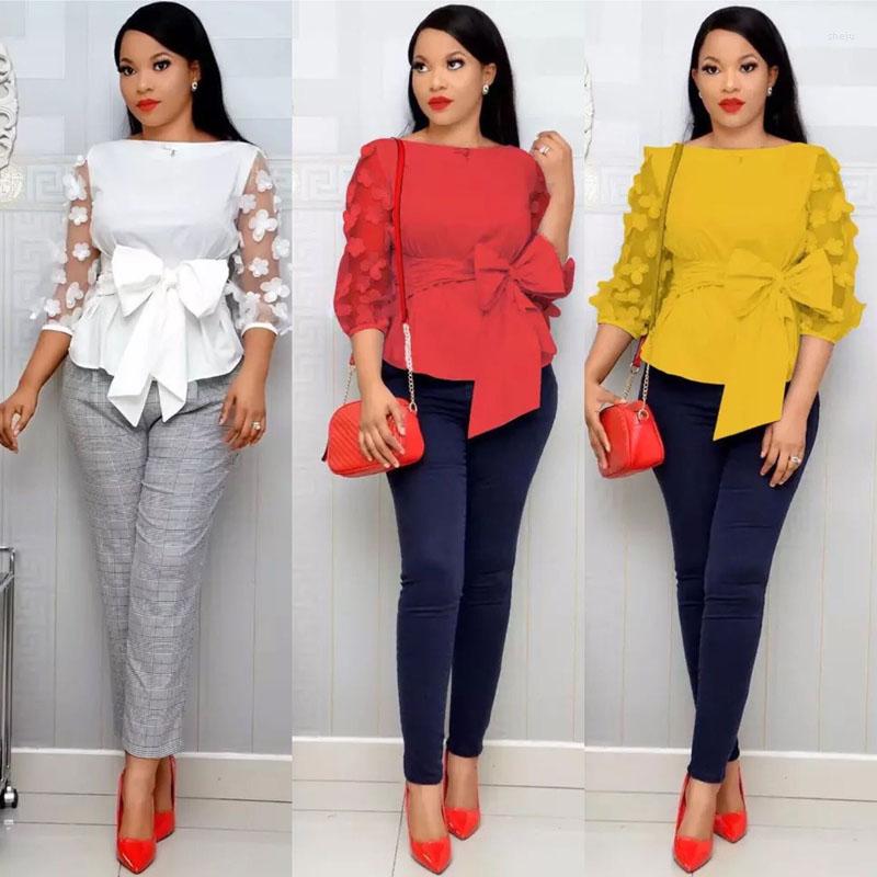 

Women' Blouses Women Casual T Shirt 2022 Summer Female Hale Sleeve Mesh Yellow Tees Femme Fashion Elegant Bow White Tops Africa Red Clothes