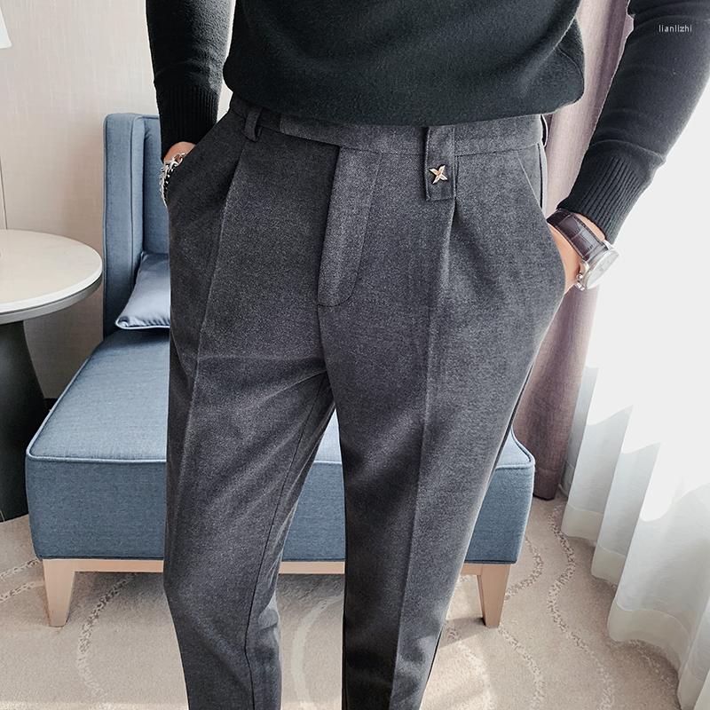 

Men's Suits Autumn Winter Men Woolen Warm Business Dress Pants Streetwear Casual Trousers Formal Social Club Slim Fit Suit Homme, Black