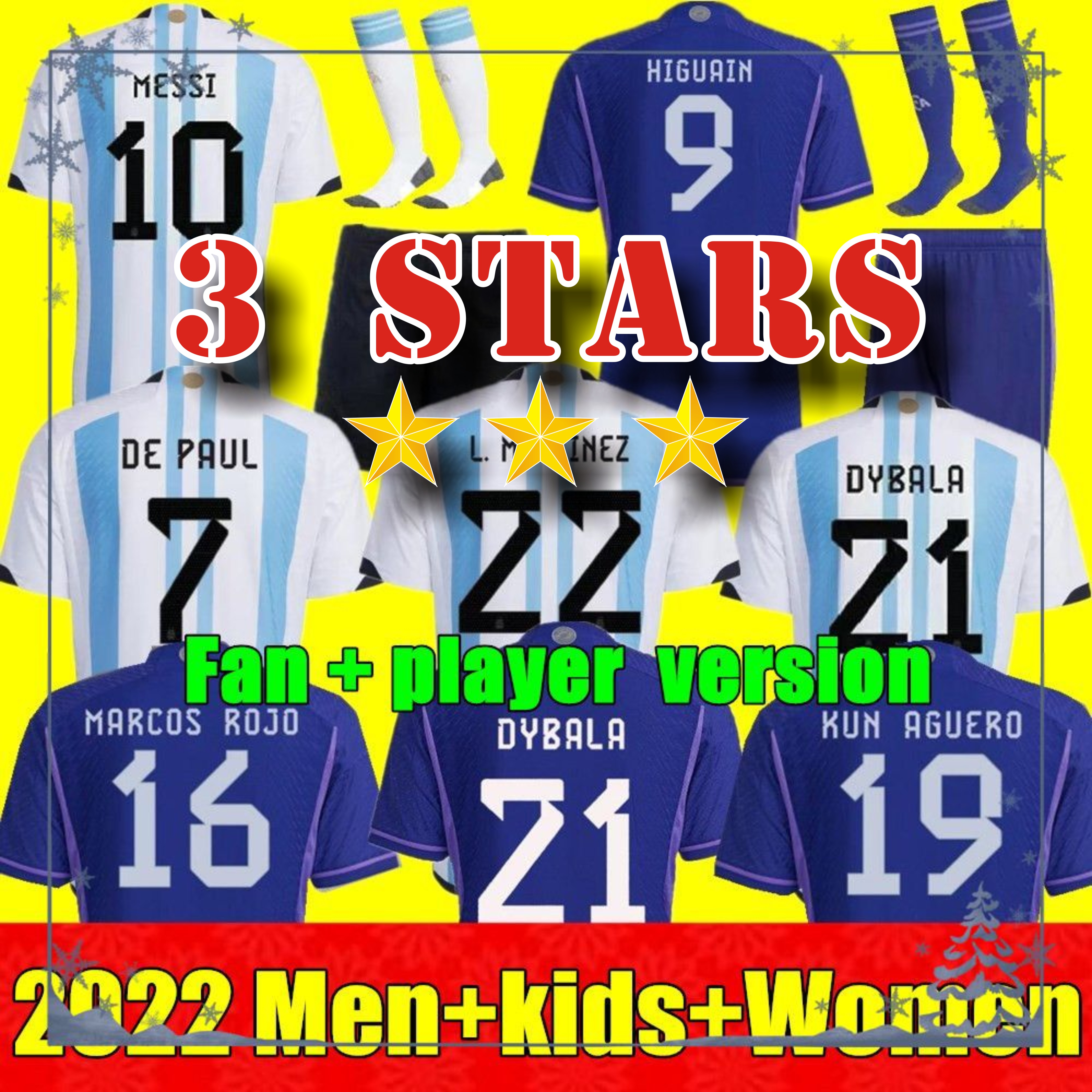 New 3 stars 2022 Argentina soccer Jerseys 22 23 J.ALVAREZ DYBALA MESSIS DI MARIA KUN MARTINEZ MARADONA football shirt Men kids kit fans player ve-image-823632224