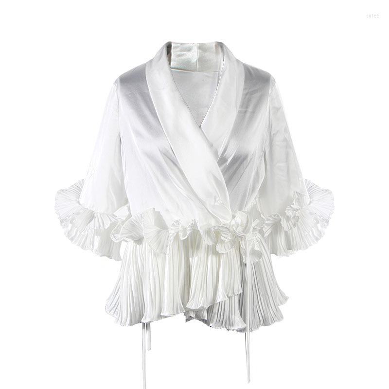 

Women's Blouses PERHAPS U Women Satin Black Gray White V Neck Half Sleeve Ruffle Top Flare High Street Summer B0236