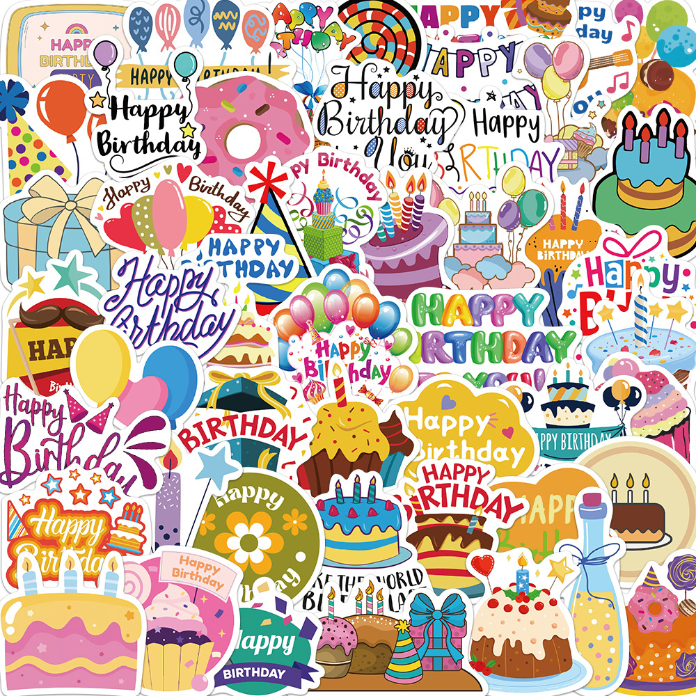 

Pack of 50Pcs Wholesale Happy Birthday Stickers Waterproof Sticker For Luggage Laptop Skateboard Notebook Water Bottle Car decals Kids Gifts Toys, Multi-color