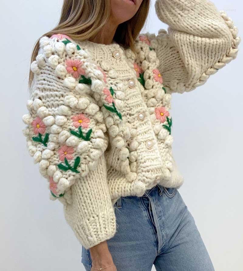 

Women's Knits Boho Inspired Floral Knit Applique Cardigan Women Buttons Long Sleeve Sweater Coat Casual Autumn Winter Cardigans, Beige