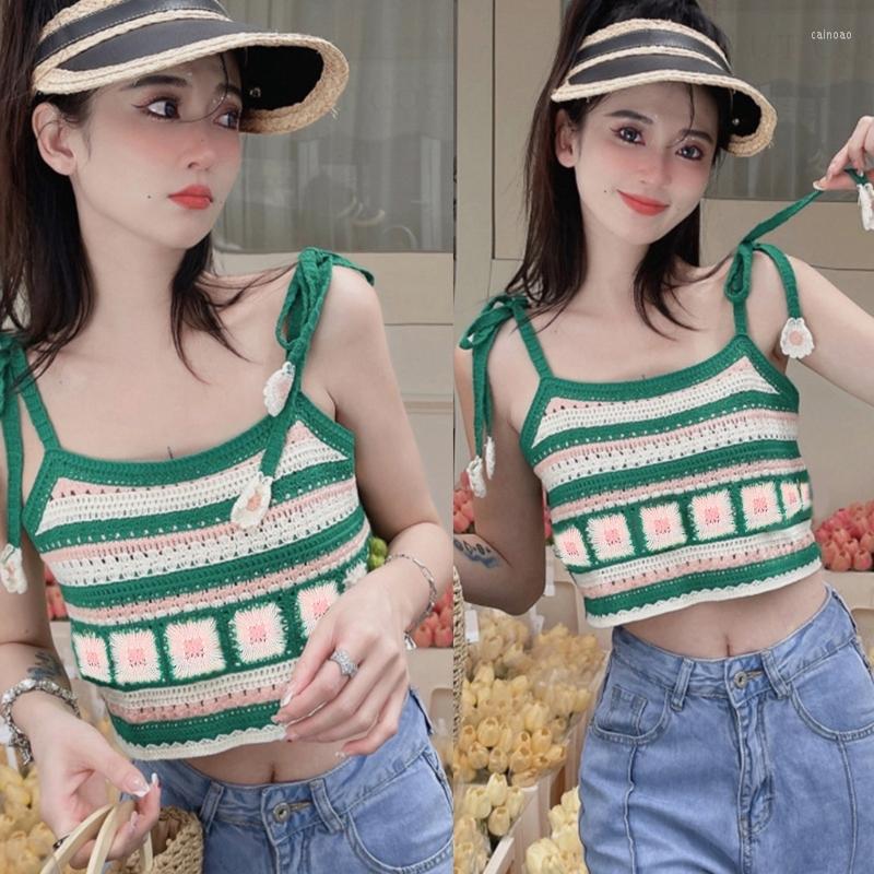 

Women's Tanks Crochet Striped 3D Flower Mini Vest Outwear For Women Hollow Out Knit Tie Shoulder Strap Loose Camisole Crop Tank Top T8NB, Green