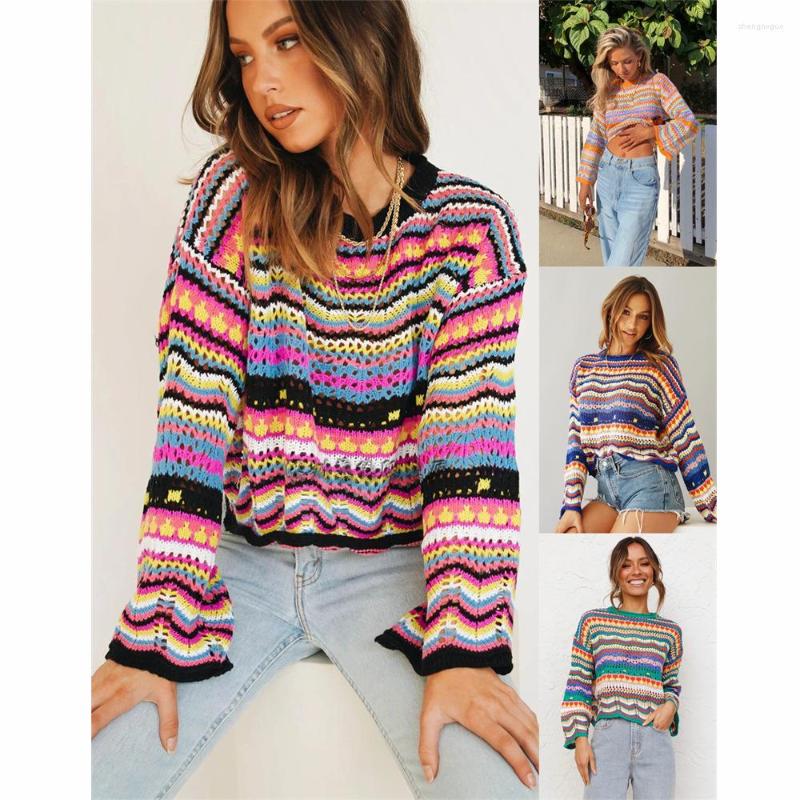

Women' T Shirts European And American Stitching Knitwear Loose Color Foreign Trade Round Neck Striped Sweater Women