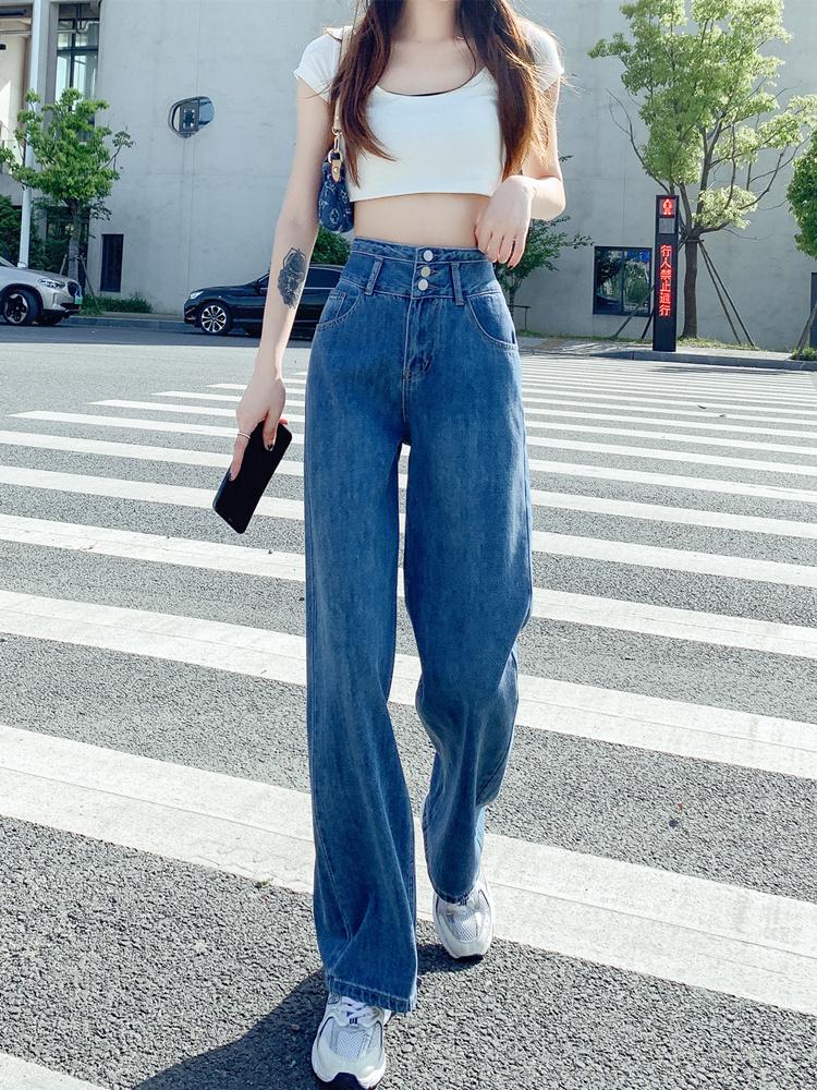 

Women's Pants Women's Super High Waist Wide Leg Jeans Casual Streetwear Loose Denim Lady Chic Three Buttons Straight Long, Pale blue
