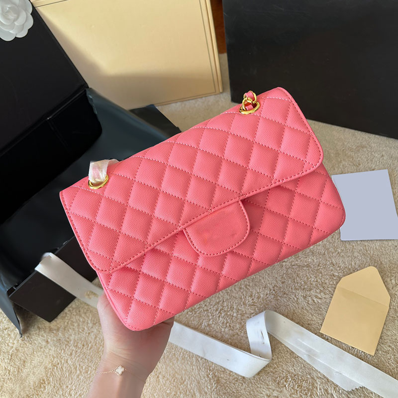 

Womens Designer Small Classic Double Flap Quilted Bags Caviar Leather Calfskin Gold Metal Hardware matelase Chain Crossbody Shouder Multi Pochette Handbags 23CM, Box