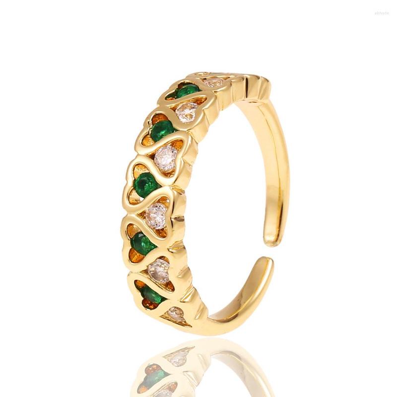 

Wedding Rings High Quality Fashion Women's Jewelry Green Heart Open Ring Copper Micro Set Zircon 18K Gold Female Party Holiday Gift