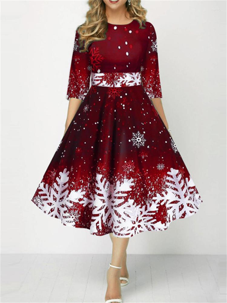 

Casual Dresses Christmas Snowflake Print Dress Women Party A-Line Robe Lady Half Sleeve Fashion Elegant Costume Female, Black