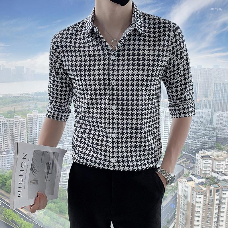 

Men's Casual Shirts 2022 Summer Houndstooth Men's Shirt Slim Half Sleeve Streetwear Social Men Clothing Business Formal Dress, Plaid