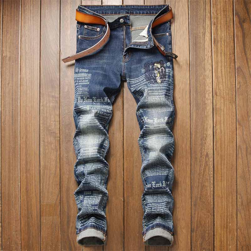 

Men's Jeans KIOVNO Men Hip Hop Printed Pants Letter Painted Streetwear Denim Trousers For Male Slim Fit Stretch, Blue