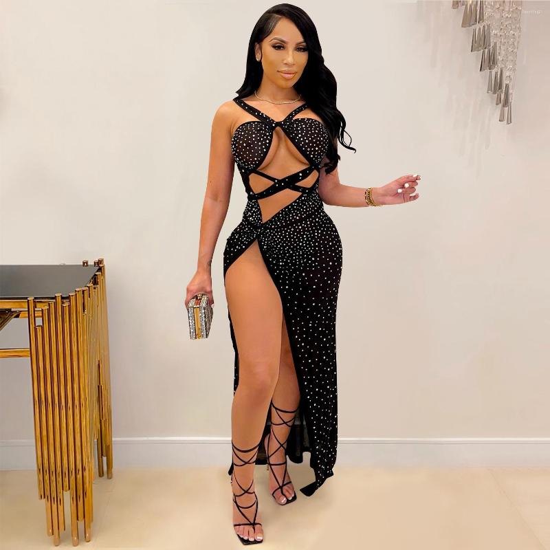 

Casual Dresses Sylph Prpm Women Fashion Sexy Hollow Out Slit Club Bodycon Dress 2022 Summer Halter Solid Sleeveless Vestidos, Black