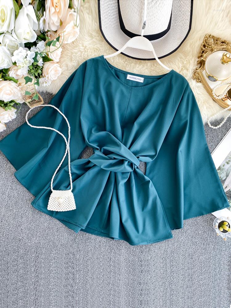 

Women's Blouses Shirt Spring Autumn Tide Ins Super Fire Lacing Waist Lady Temperament Flare Sleeve Solid O-Neck Blouse Wild Top ML649, Green