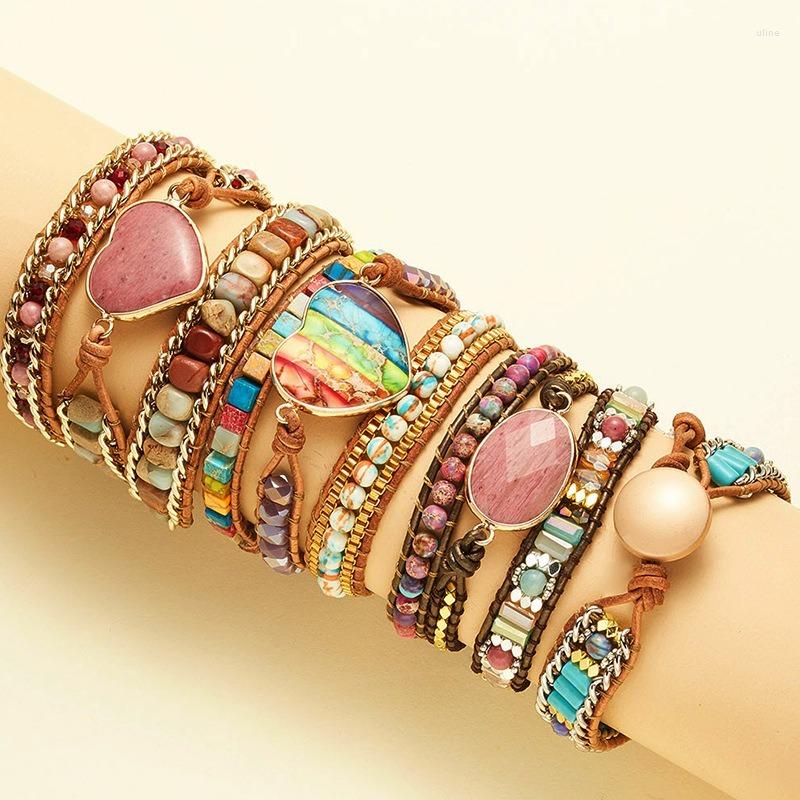 

Link Bracelets Fashion Bohemia Natural Stone Charm 3 Strands Leather Wrap Bracelet Vintage Handmade Weave Beaded Adjustable Jewelry