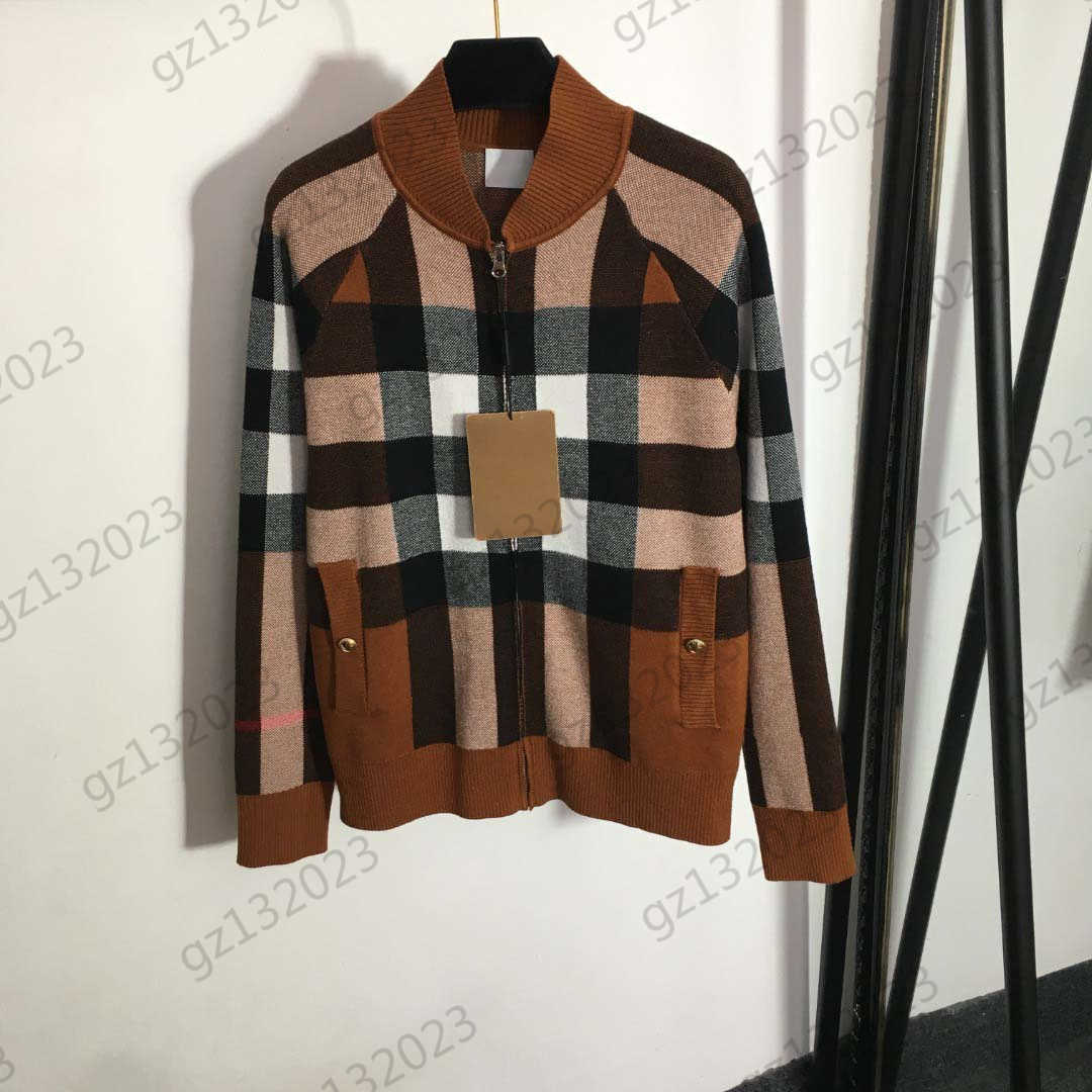 

Womens Jackets Contrast Color Check Stand Collar Knit Cardigan Jackets Zipper Open Pockets Long Sleeves Coats Classic Joker Spring Autumn Women Clothes