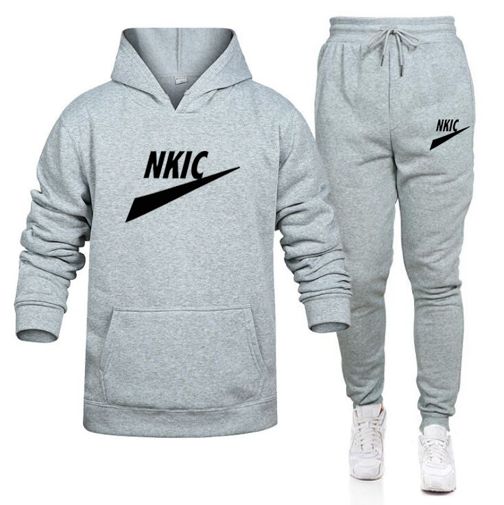 

New Men's Tracksuit Solid Color Hooded Pullover Sweatpants Autumn Winter Male Casual Jogger Sportswear 2 Pcs Fleece Suit Brand LOGO Print, Dark grey