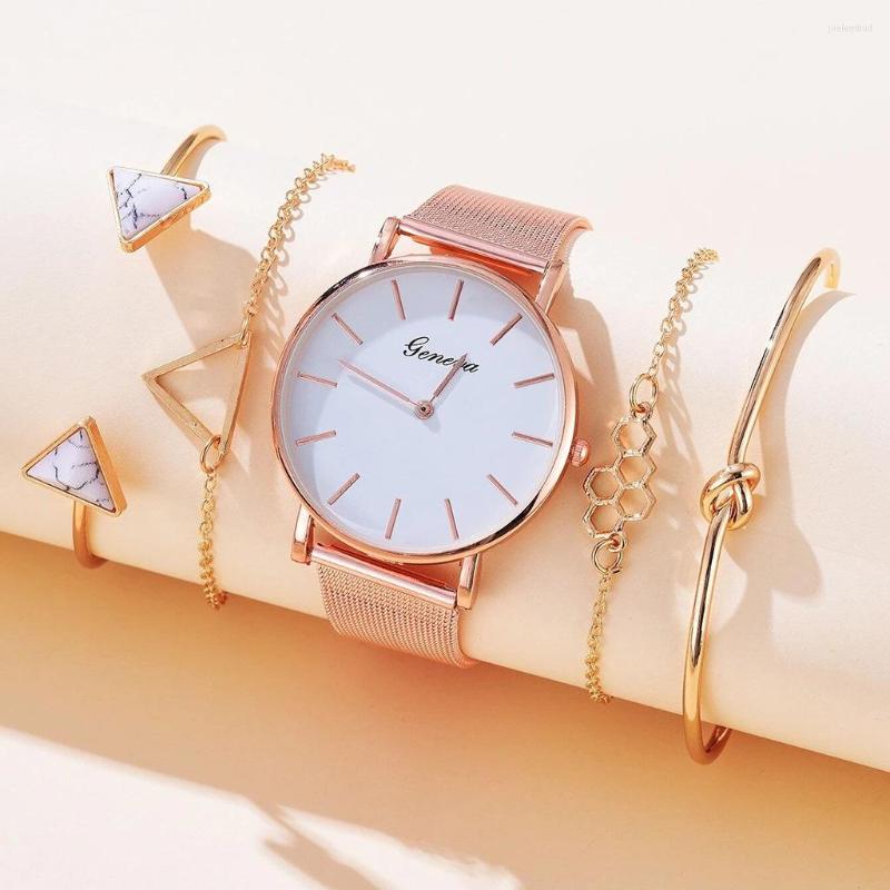 

Wristwatches Luxury 5pcs Set Women Watches Elegant Female Mesh Band Rose Woman Watch Bracelet Montre Femme, Rose black set
