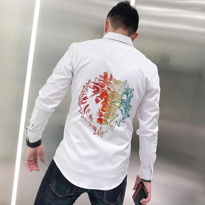 

Men's Casual Shirts Young Korean Harajuku Fashion Men's Shirt Glowing Rhinestone Plus Size Personality Night Slim Long Sleeve, As shown asian size