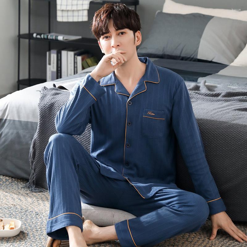 

Men's Sleepwear Spring Autumn Men Long Sleeve Pajamas Loose Home Wear Adult Solid Color Pure Cotton Lapel Pyjamas, 4125