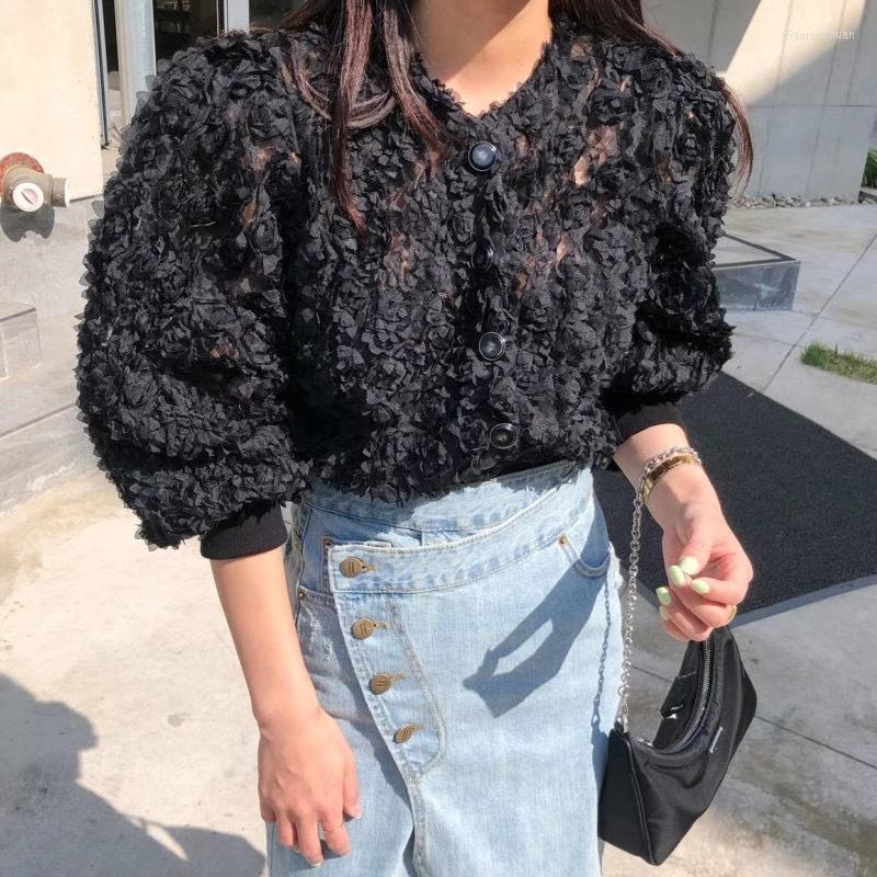 

Women's Blouses Vintage Lace Women Blouse With Flowers Spring Puff Long Sleeve Female Shirts Top Mujer Elegant Loose Button Shirt 18599, Black