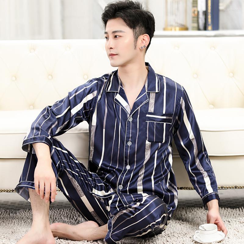 

Men's Sleepwear 2022 High Quality Mens Silk Satin Pajama Set Luxury Long Sleeve Nightwear Suit Print Pajamas Home Service Clothes, 15