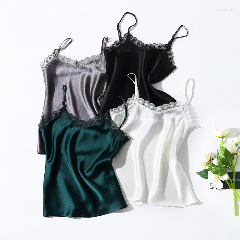 

Women' Tanks Tank Tops Women Satin Acetate 2022 Fashion Solid Color Lace Patchwork All-Matched Fine Basic Camis, White