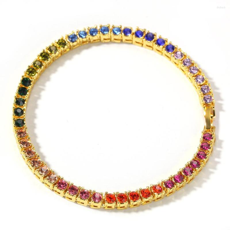 

Link Bracelets Hip Hop Bling Iced Out Colorful Cubic Zirconia Bracelet Tennis Chain Women Men 1 Row CZ Jewelry Gold Color