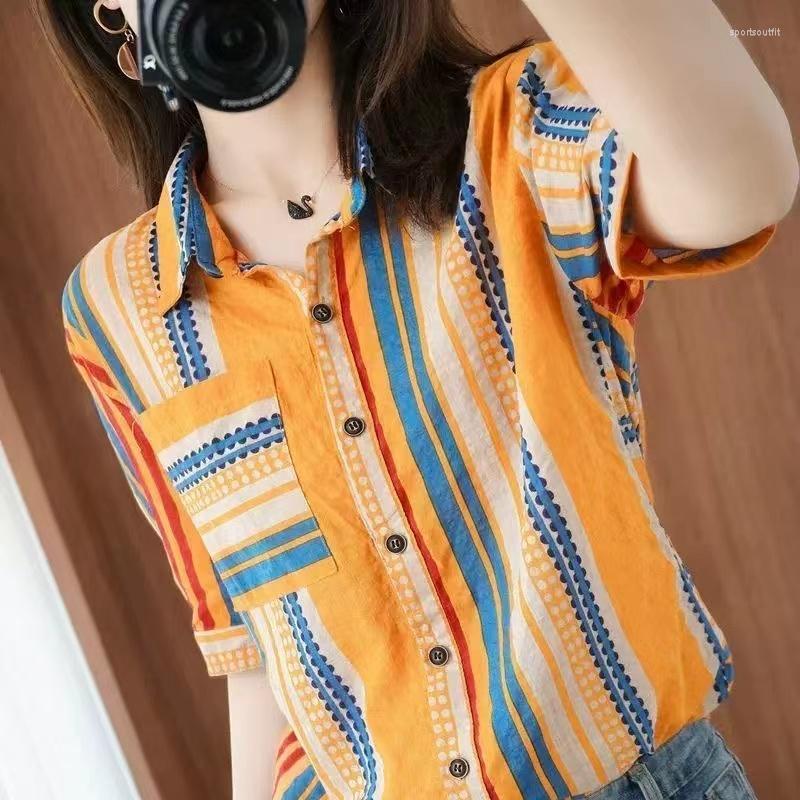 

Women' Blouses Summer Loose Top Women' Striped Shirt Short Sleeve POLO Collar All-match Half-sleeve, C-08