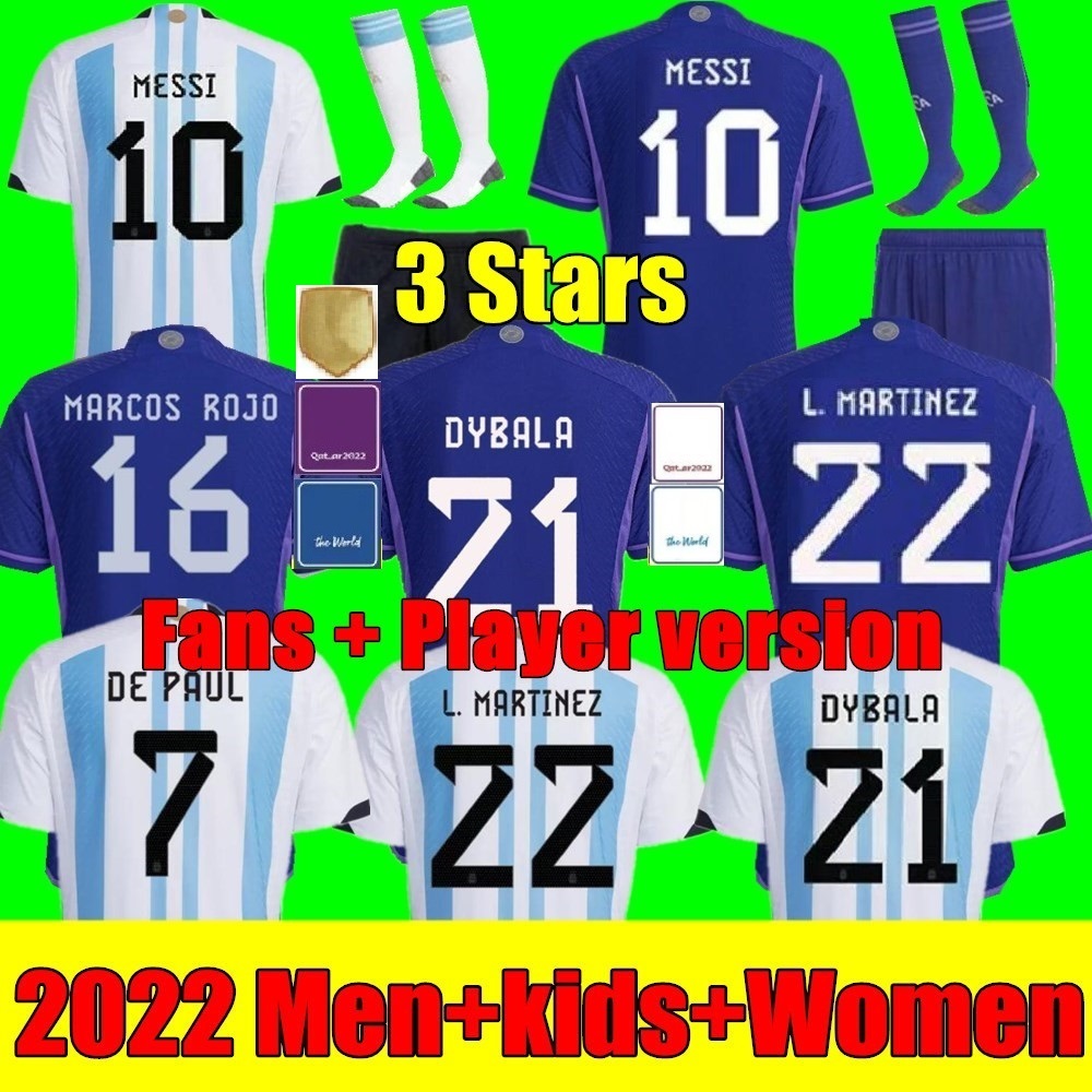 

New 3 stars 2022 Argentina soccer Jerseys 22 23 J.ALVAREZ DYBALA MESSIS DI MARIA KUN MARTINEZ MARADONA football shirt Men kids kit fans player version, Kids home+socks