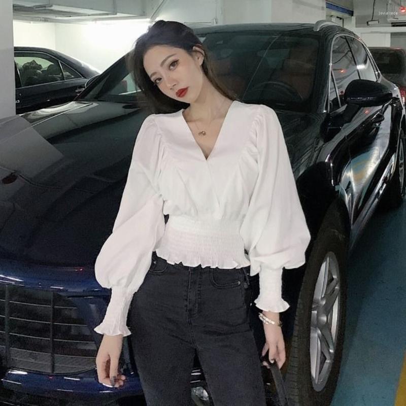 

Women' Blouses Korea Women Spring Clothing 2022 Chic Fashion Clothes Female Slim Cute Sweet Girls Short Tops Long Puff Sleeve, White