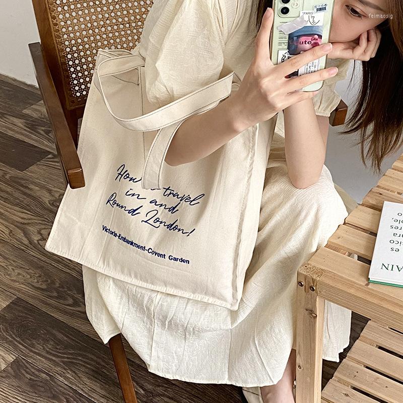 

Evening Bags Hylhexyr Women's Handbag Blue Letter Shoulder Bag Beige Girls Casual Tote Large Embroidery Canvas Shopping Magnetic Buckle