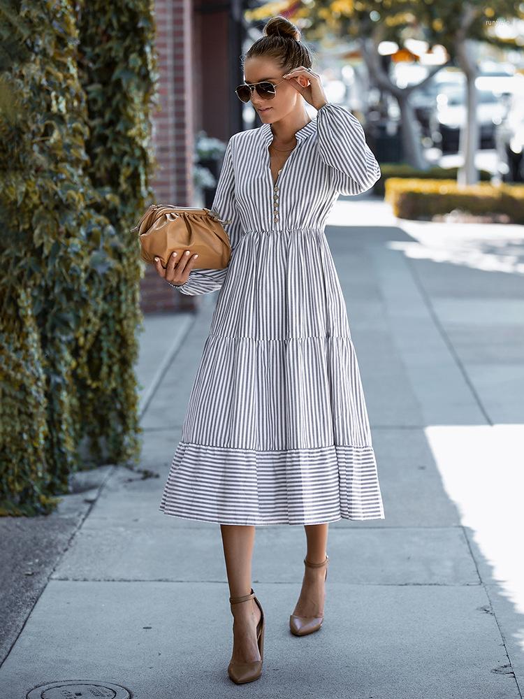 

Casual Dresses Fashion Women' V Neck Loose Striped Dress 2022 Early Spring Long Sleeve A Line All Match Chic Printed, Gray