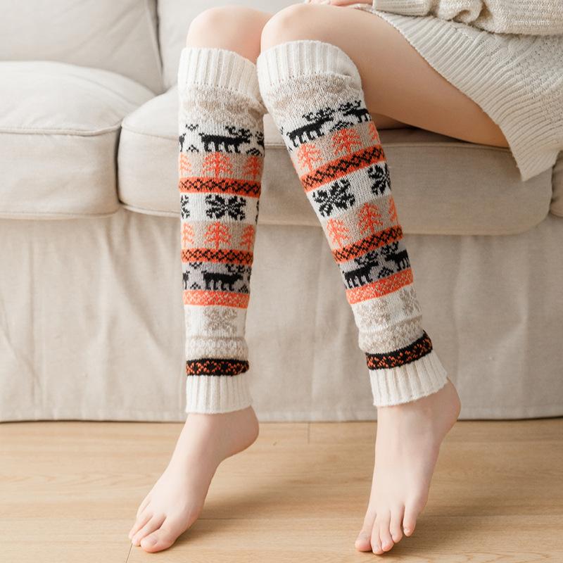 

Women Socks Mid-Length Calf Crochet Leg Warmer Christmas Snowflake Color Matching Knitted Warm Boot Cuffs Beenwarmers, Beige