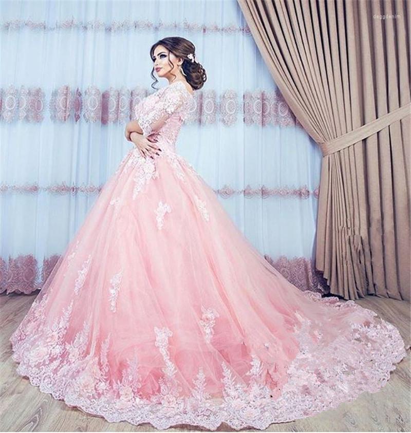 

Party Dresses Blush Pink Ball Gown Arabic Prom 2022 Vintage Lace 3D Floral Half Sleeves Plus Size Engagement Formal Evening Gowns, Blue