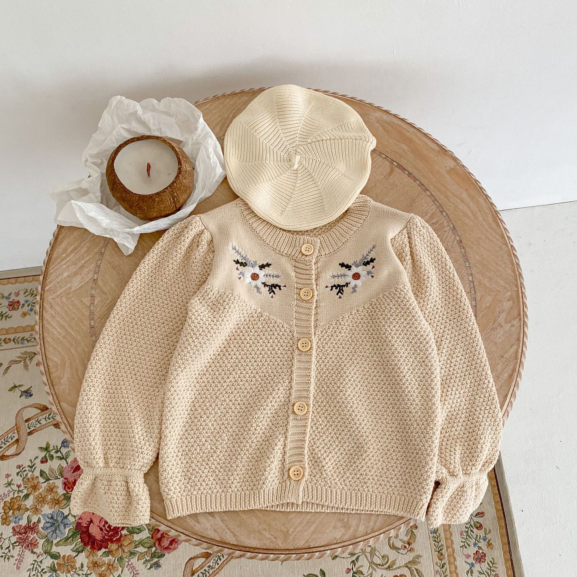 

Ins Cute Winter Girl Clothing Cardigan Kids Regular sleeve Floral Embroidery Design Khaki Sweaters baby Clothes 100% cotton