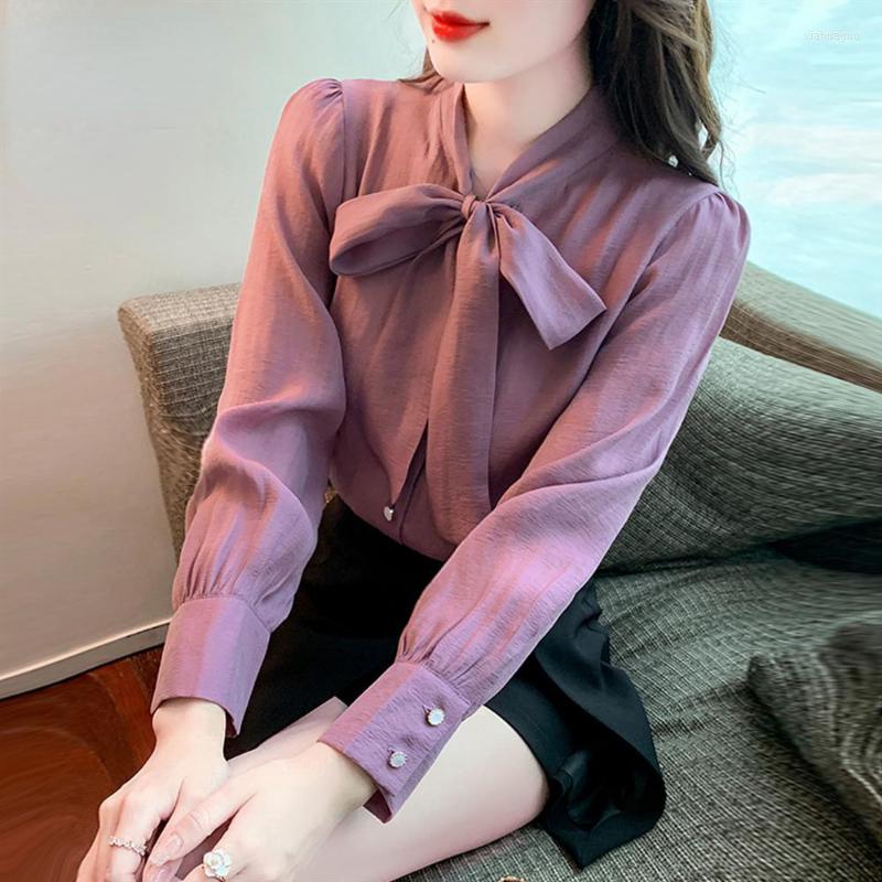 

Women' Blouses Lace Up Bow Chiffon Shirt Women Blusas Elegant Spring And Autumn Simple Long Sleeve Undershirt Summer Mujer, Yellow