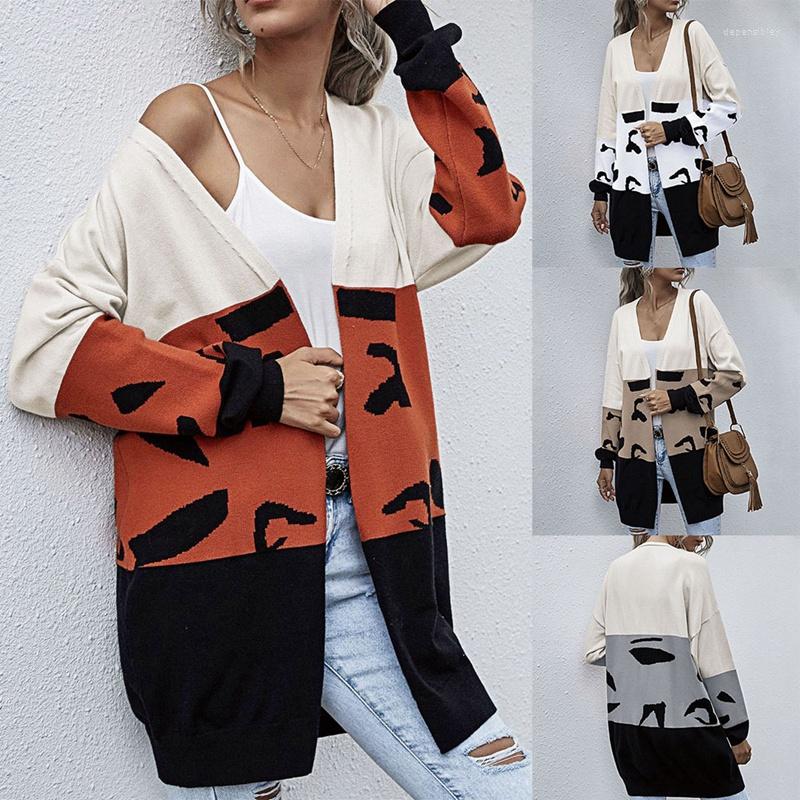 

Women' Knits Sweater Women' Casual Mid-Length Leopard Print Stitching Cardigan Autumn Winter Fashion Coat, Gray